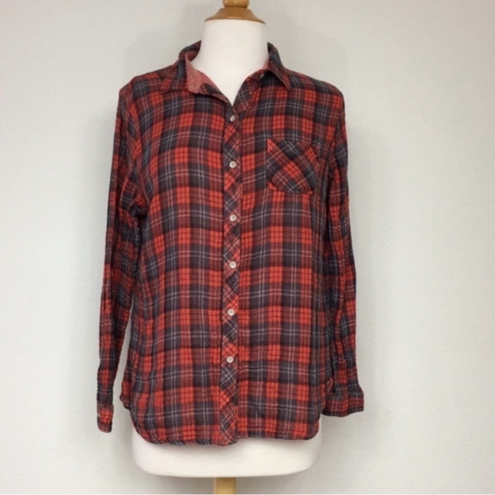 Sandra Ingrish Red Gray Plaid Soft Gauzy Button Down Shirt Size Large Cabincore